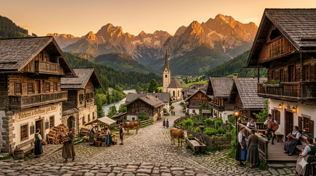 Traditional festival celebration in Enntal with Austrian folk costumes, music, local traditions, and mountain village atmosphere.