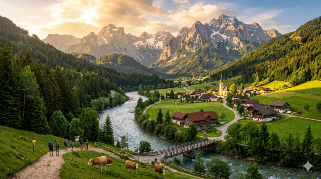 Scenic Enntal valley in Austria with the Enns River flowing through green Alpine mountains and traditional village homes.