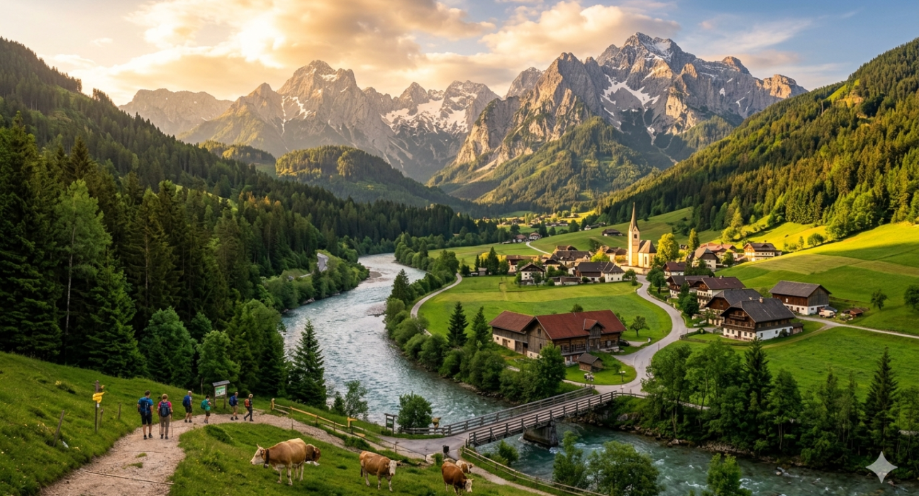 Scenic Enntal valley in Austria with the Enns River flowing through green Alpine mountains and traditional village homes.