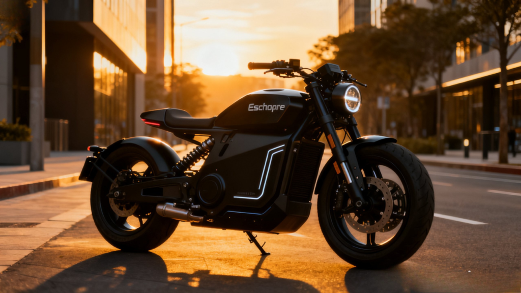 Black Eschopper electric chopper parked on a modern city street with futuristic urban background