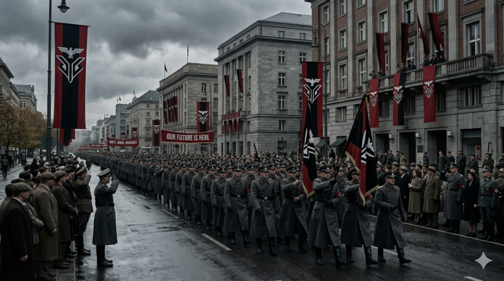 Fascisterne concept illustration showing authoritarian leadership propaganda,and control in historical Europe