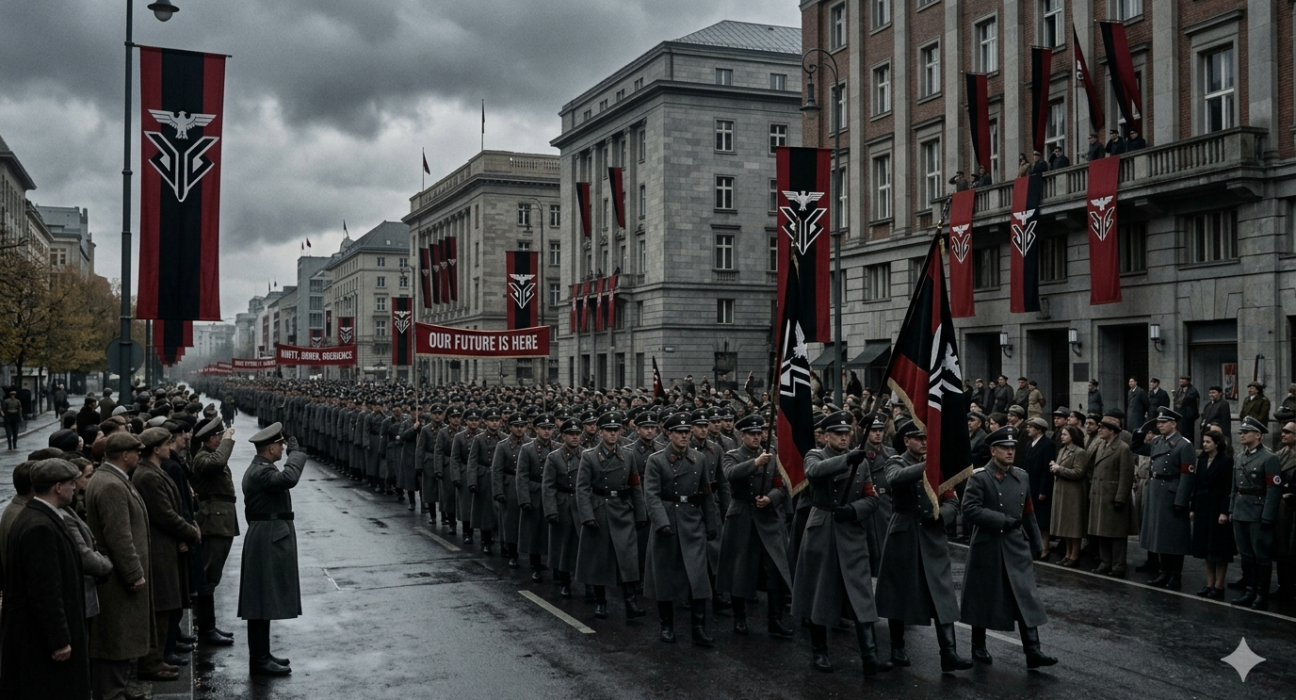 Fascisterne concept illustration showing authoritarian leadership propaganda,and control in historical Europe