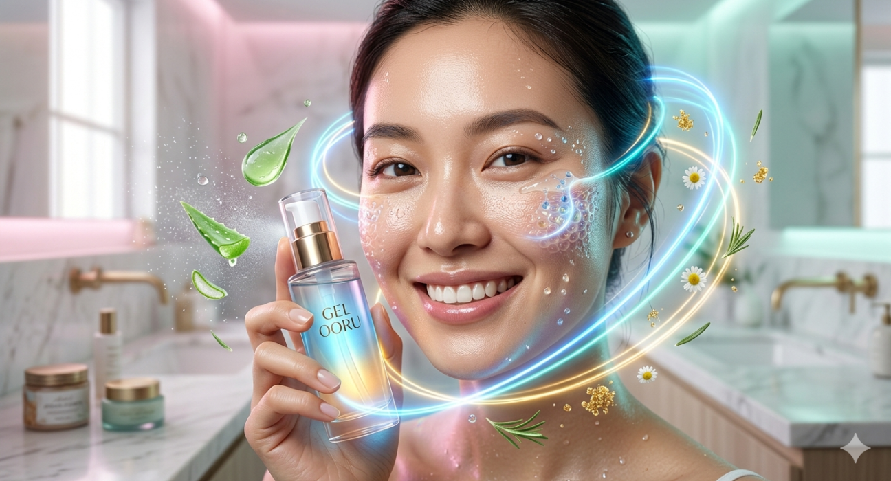 Gel Ooru natural skincare gel applied on face for hydration and glowing skin