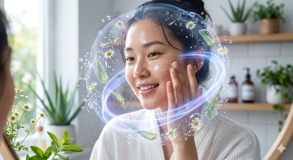 Woman using Gel Ooru in daily skincare routine for fresh and radiant skin appearance