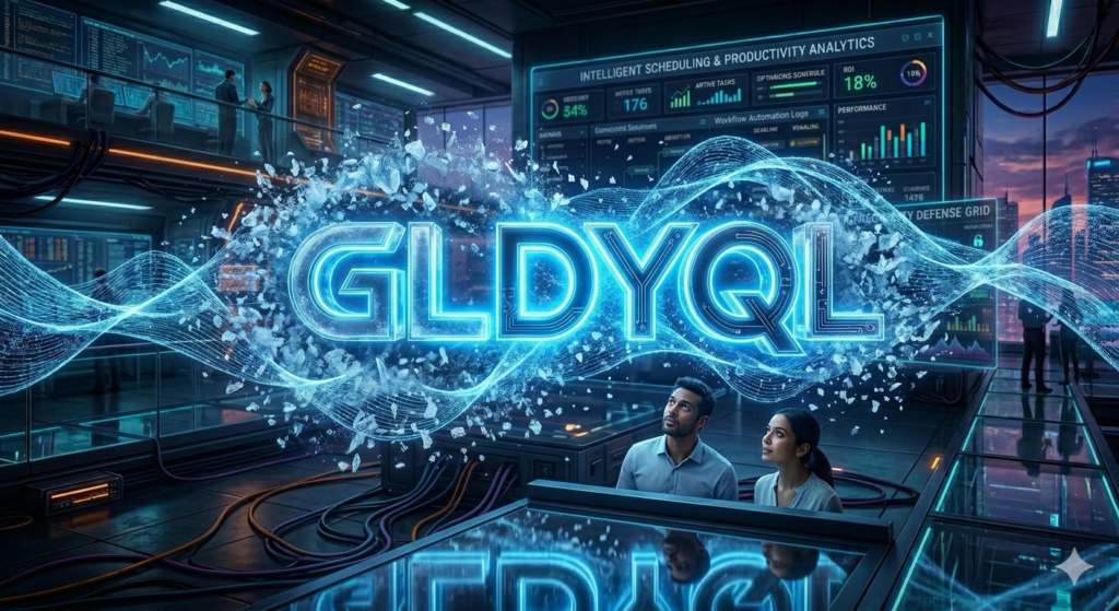 Futuristic glowing blue Gldyql logo with cool neon cyberpunk technology background