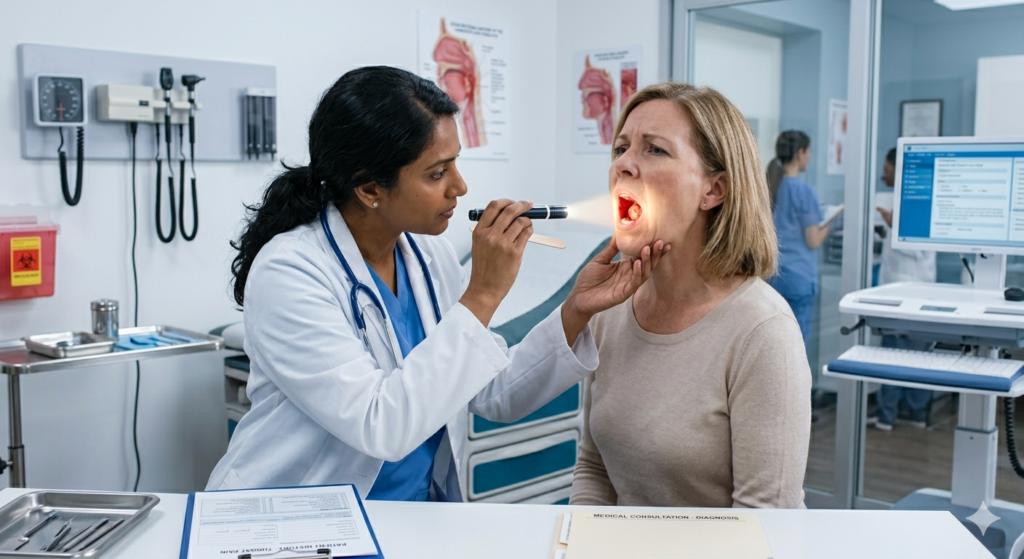 Detailed throat diagram highlighting tonsils and infection areas causing sore throat