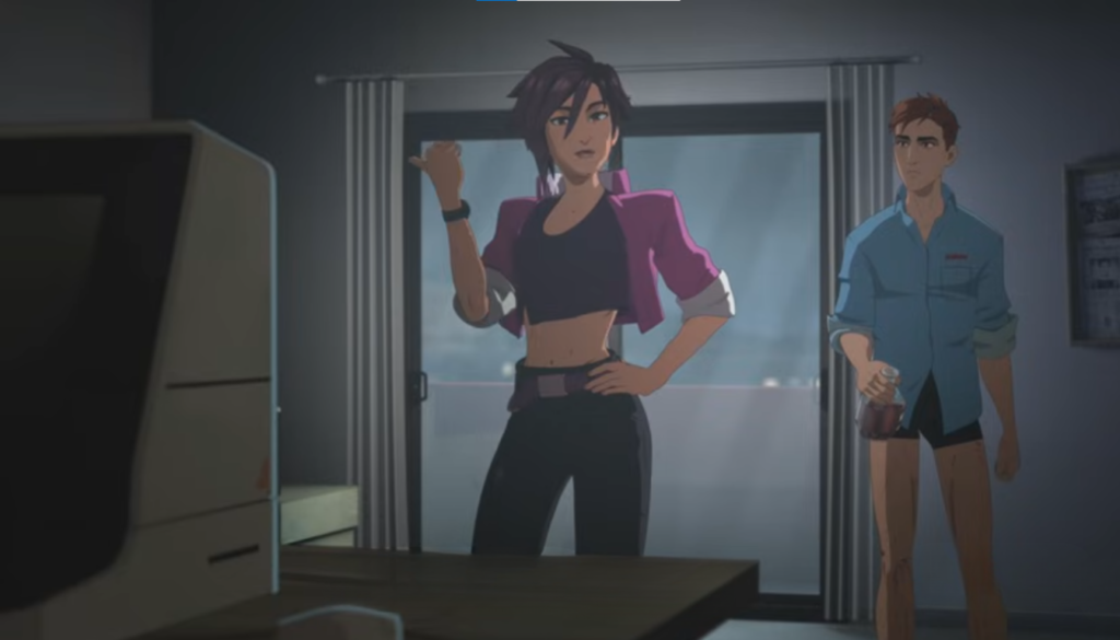 Invisigal using stealth powers while Track Star demonstrates high-speed movement in action art