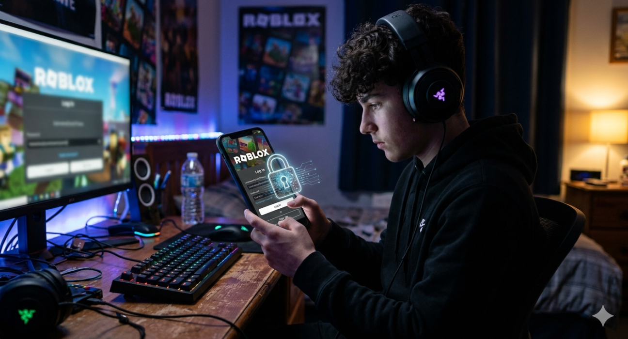 Teen gamer searching “Irobux login” on smartphone with Roblox login screen and warning security icons in cyber background