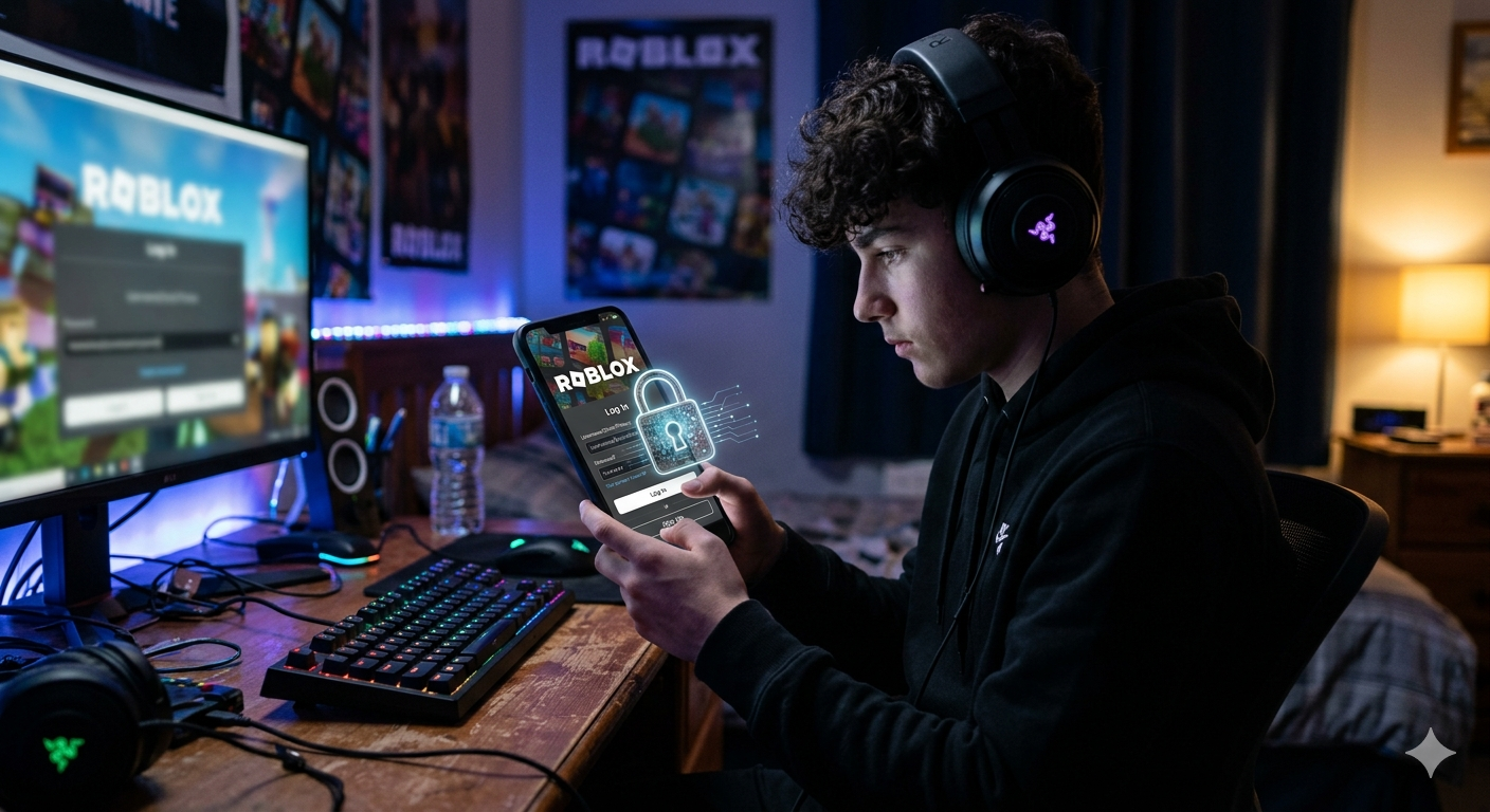 Teen gamer searching “Irobux login” on smartphone with Roblox login screen and warning security icons in cyber background