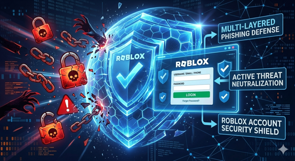 Online scam illustration showing fake Robux coins trapped in phishing net with dark digital cyber environment