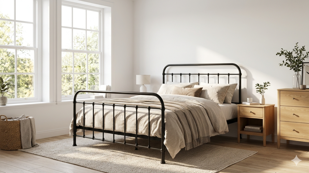 Elegant Jernsenger metal bed in a luxury modern bedroom with warm lighting and contemporary Scandinavian interior design