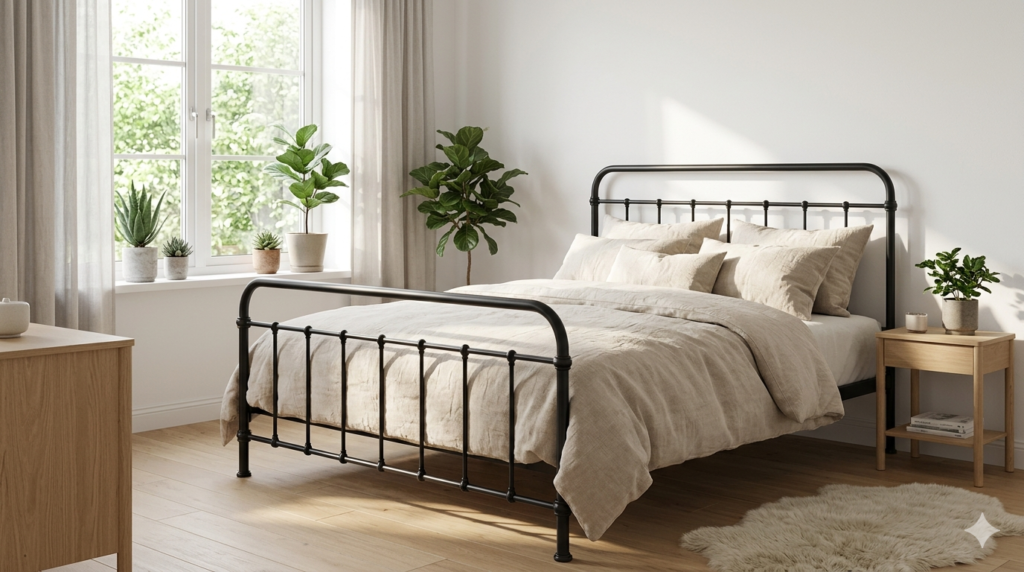 Stylish industrial bedroom showcasing a matte black Jernsenger iron bed with modern furniture and rustic décor accents