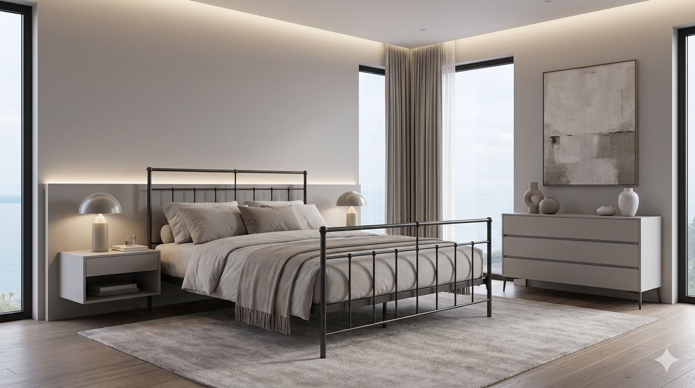 Modern Scandinavian bedroom featuring a black Jernsenger iron bed frame with minimalist Nordic décor and soft neutral bedding
