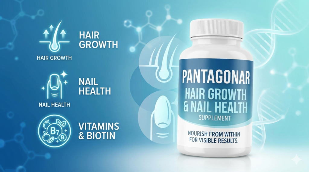 Pantagonar supplement bottle for hair growth nail strength and overall wellness support
