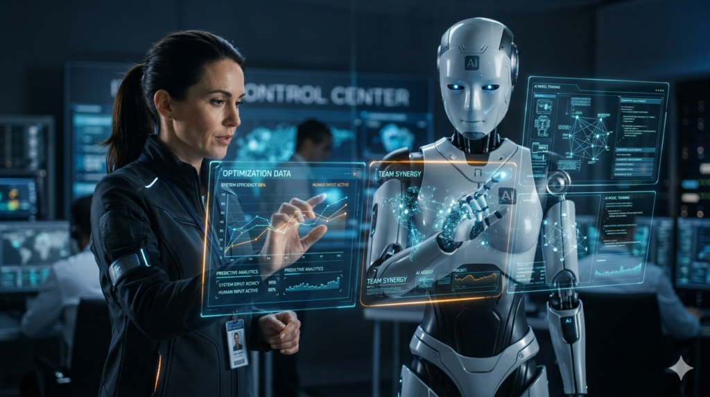 Futuristic Ponas Robotas AI robot assisting humans in smart home automation with advanced technology systems