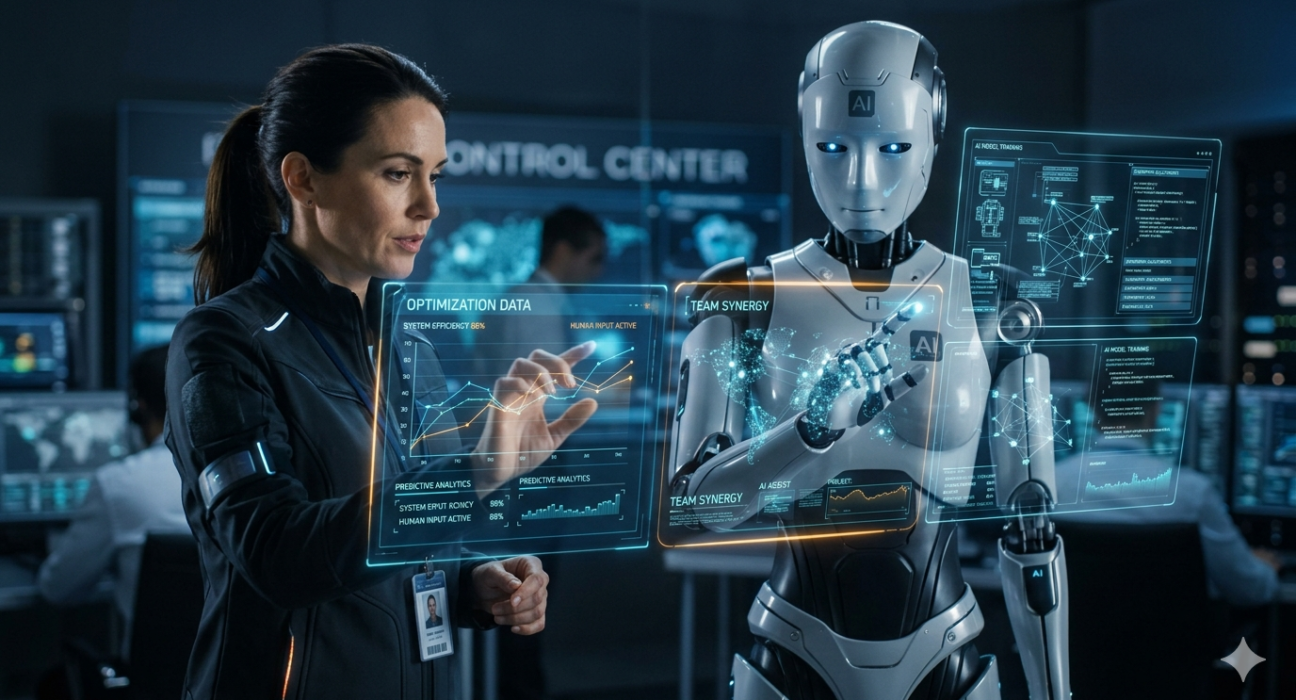Futuristic Ponas Robotas AI robot assisting humans in smart home automation with advanced technology systems