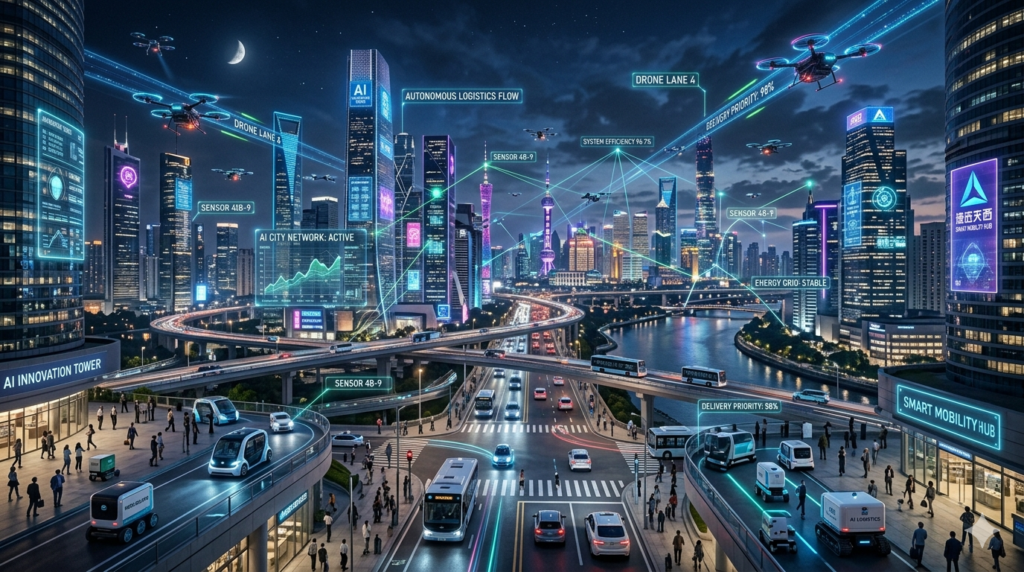 Advanced AI robotics visualization of Ponas Robotas with smart sensors, machine learning, and automation systems in 2026