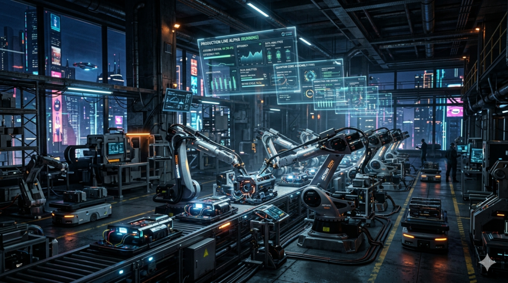 Smart robotics system representing Ponas Robotas concept working in industrial environment with AI automation