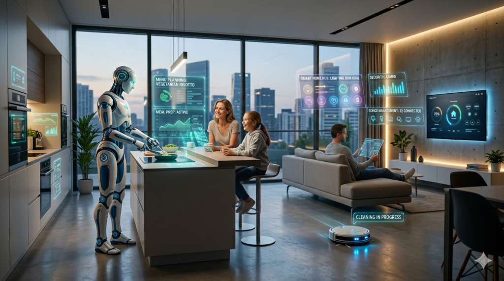 Human and AI robot collaboration showing Ponas Robotas future technology in modern digital workspace