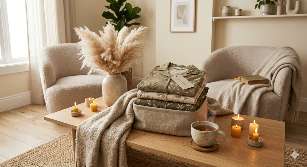 Modern Pyjamaspapper pajama set in pastel stripes creating a peaceful soft-living atmosphere indoors.