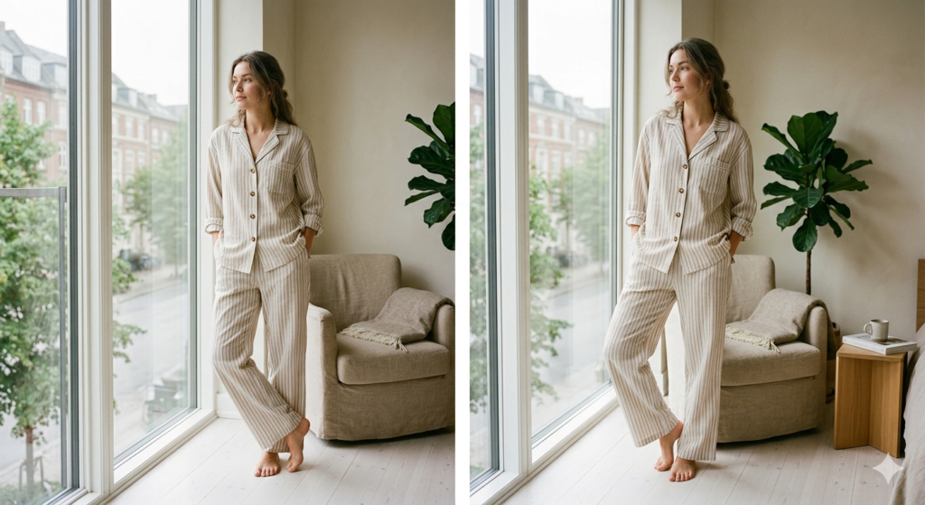 Cozy Pyjamaspapper striped lounge set with airy linen curtains and warm natural lighting in a modern bedroom.