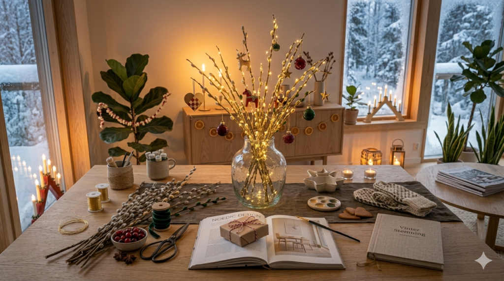 Pyntekvister decorative branches in a minimalist Scandinavian living room interior