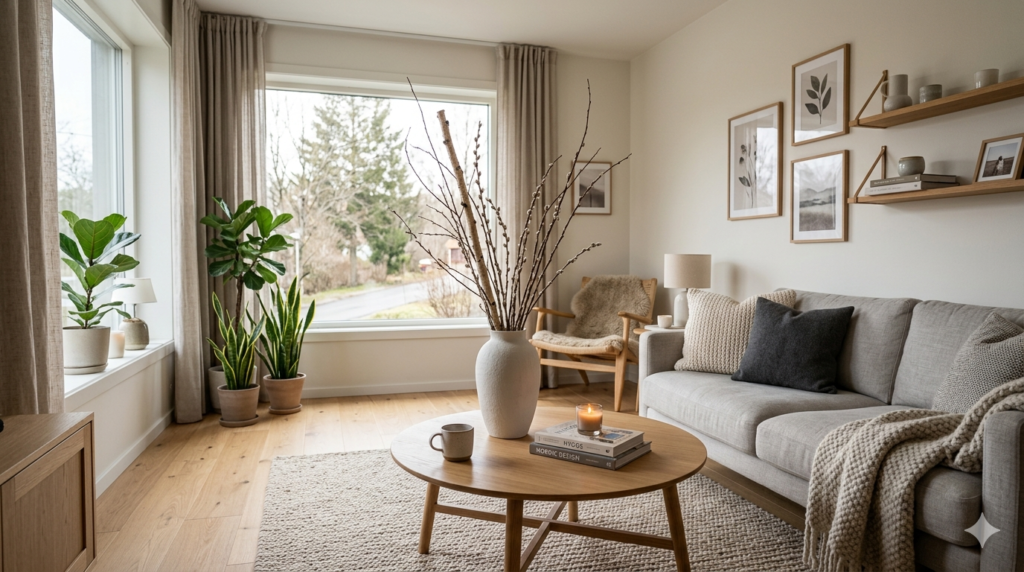 Elegant pyntekvister indoor styling with natural branches placed in a minimalist white space