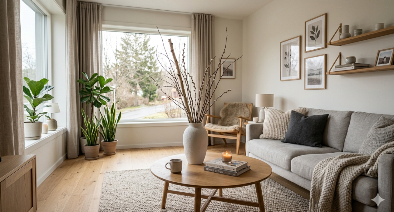 Elegant pyntekvister indoor styling with natural branches placed in a minimalist white space