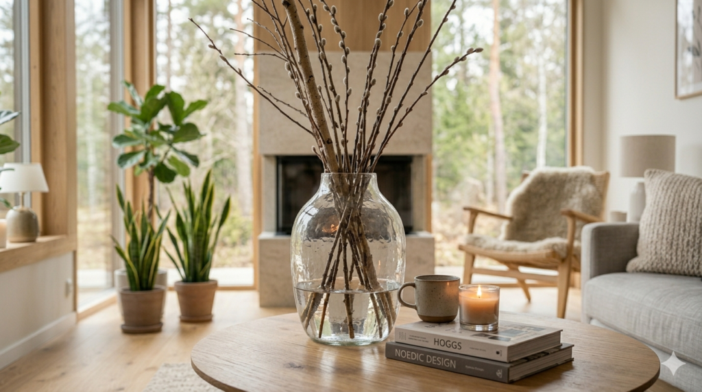 Natural pyntekvister branch arrangement in a ceramic vase with Nordic home décor style