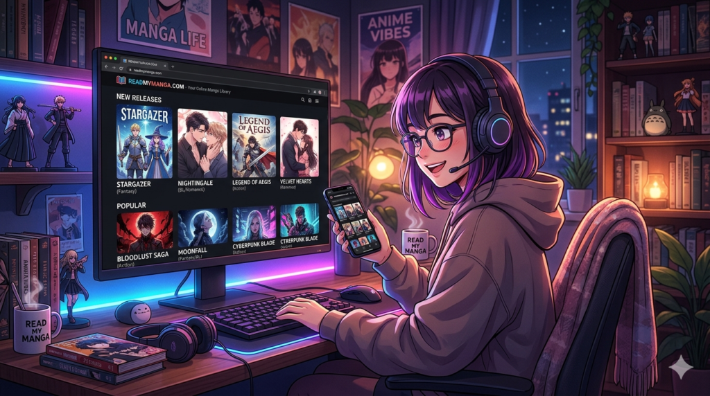 Anime-inspired ReadMyManga com platform with colorful manga covers and modern reading interface.