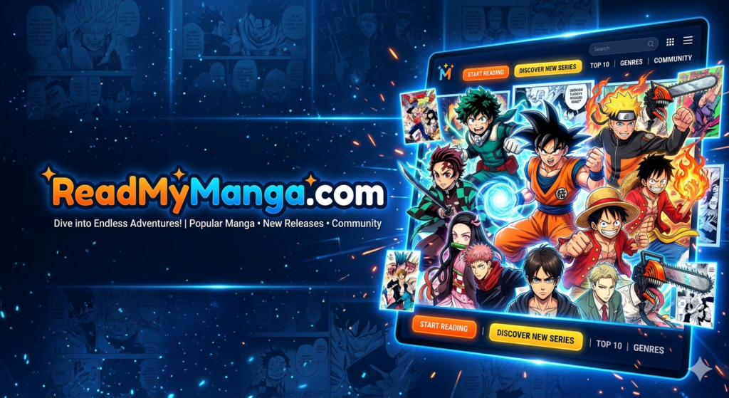 ReadMyManga com homepage with colorful manga covers and anime-style online manga reading interface