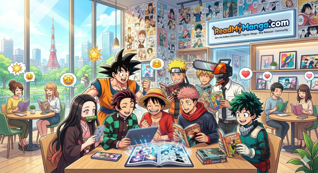 Anime characters reading manga on ReadMyManga com digital manga platform