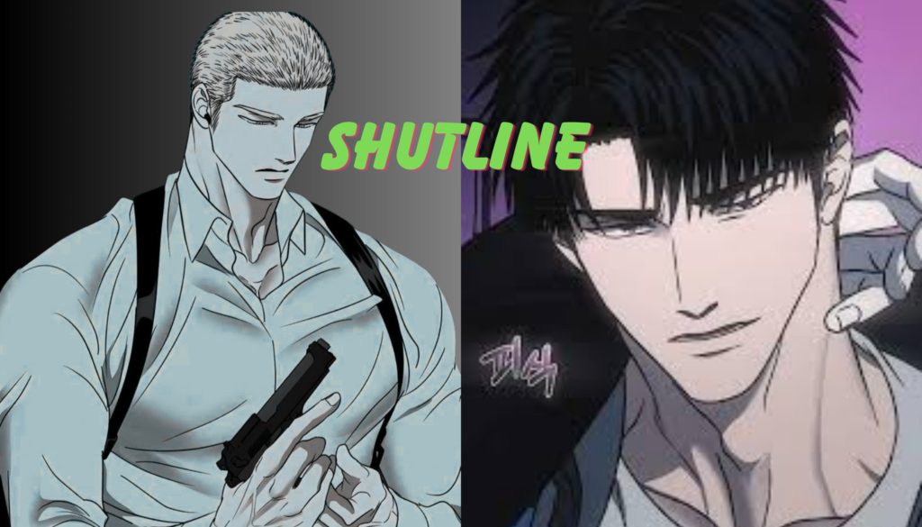 Main characters from Shutline on Lezhin Comics with dark action romance atmosphere and cinematic lighting