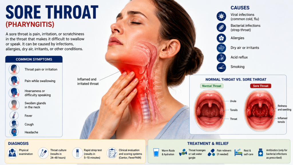 Medical illustration showing inflamed human throat affected by sore throat infection