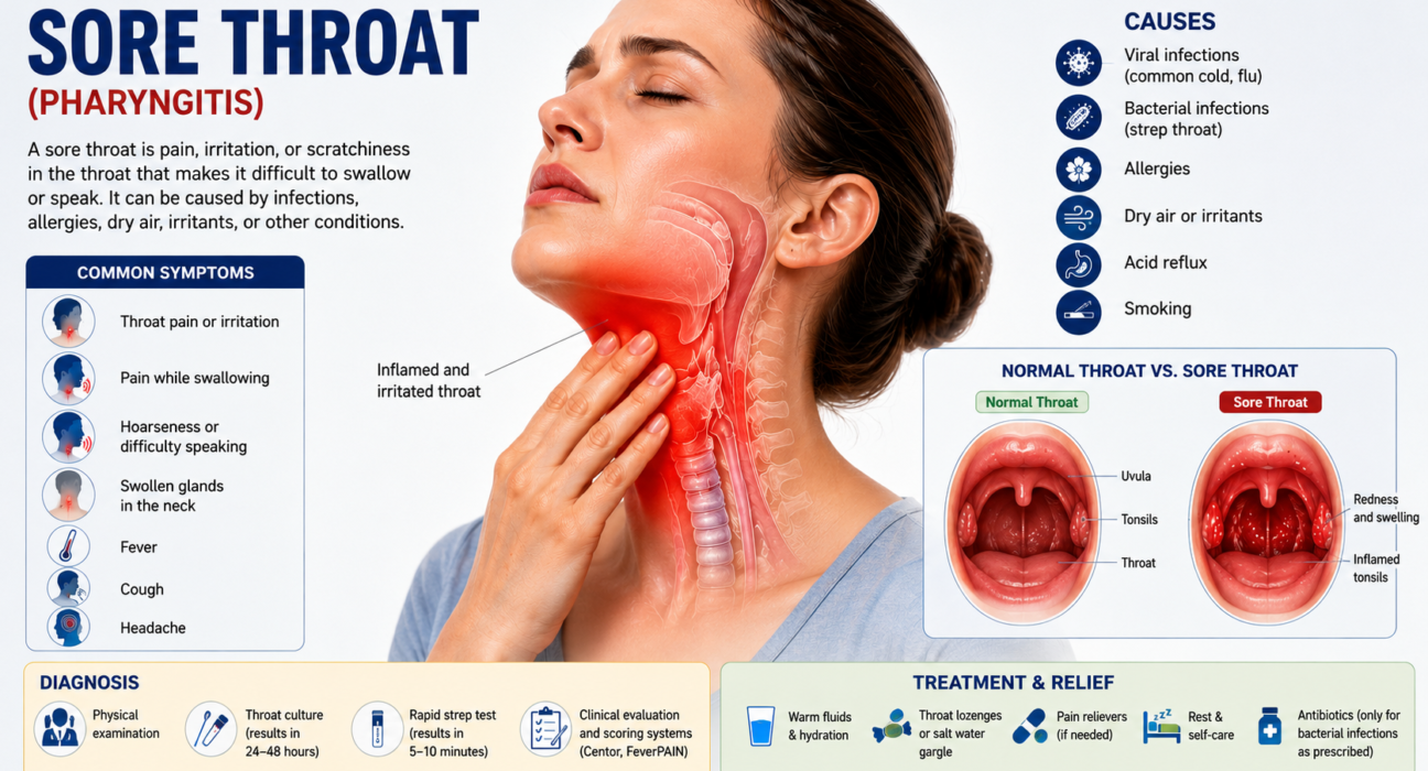 Medical illustration showing inflamed human throat affected by sore throat infection