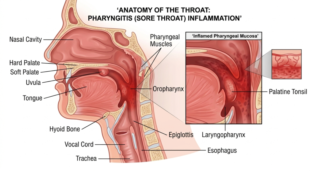 Medical illustration showing inflamed human throat affected by sore throat infection