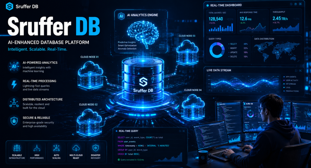 Futuristic Sruffer DB cloud database platform with AI analytics dashboards and scalable distributed server architecture in a cyber tech environment.