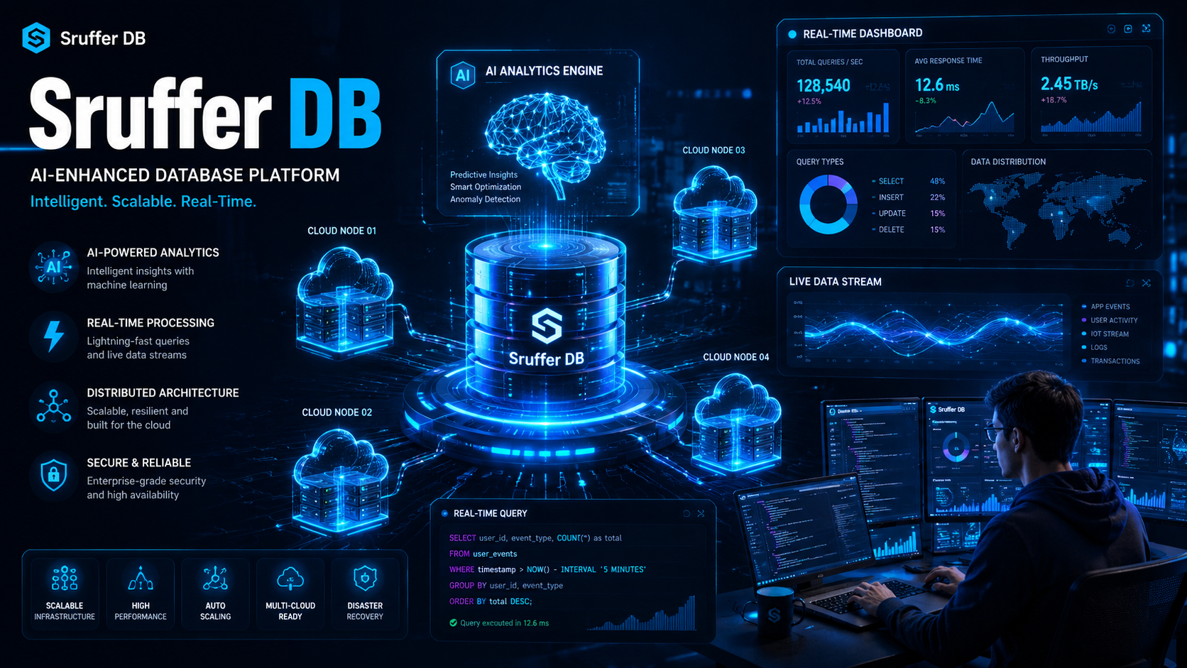 Futuristic Sruffer DB cloud database platform with AI analytics dashboards and scalable distributed server architecture in a cyber tech environment.