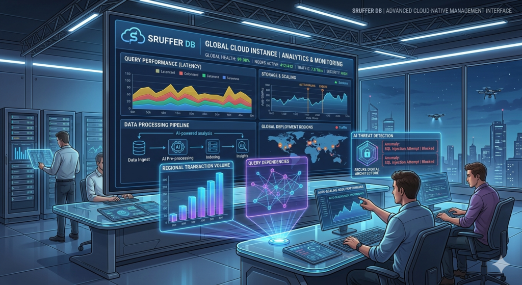 Modern Sruffer DB database management system with scalable cloud infrastructure, cybersecurity visuals, and futuristic analytics dashboards.