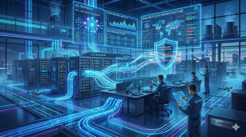Advanced Sruffer DB technology illustration featuring distributed cloud nodes, real-time query processing, and AI-powered data analytics.