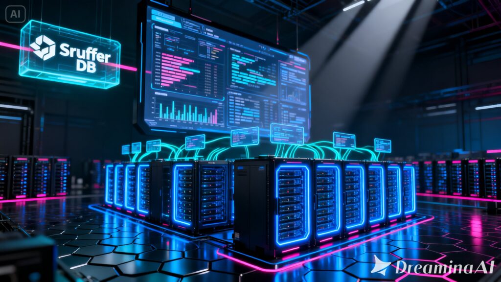 Developer monitoring Sruffer DB real-time analytics and cloud-native database infrastructure with holographic dashboard displays.