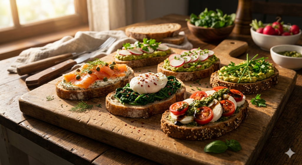 Healthy Toastul flat lay with toast, fruits, eggs, nuts, and fresh ingredients on a kitchen table