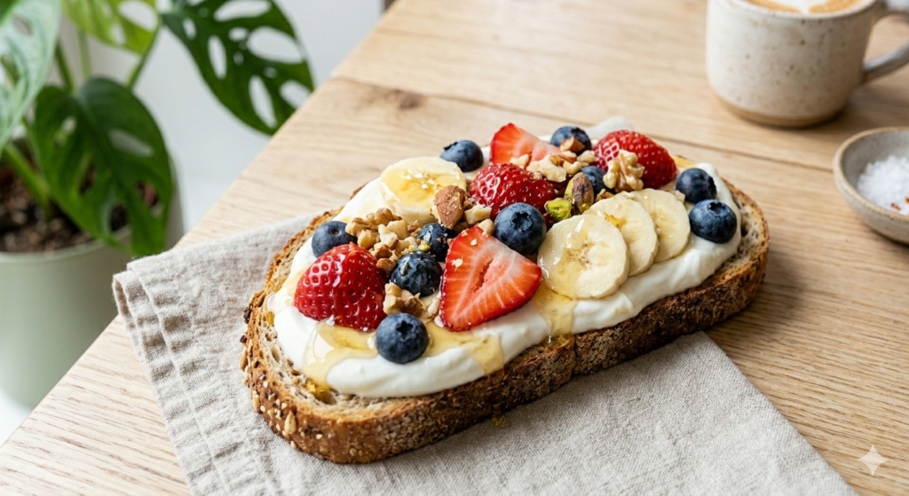 Sweet Toastul breakfast with yogurt, berries, banana, and honey on multigrain toast