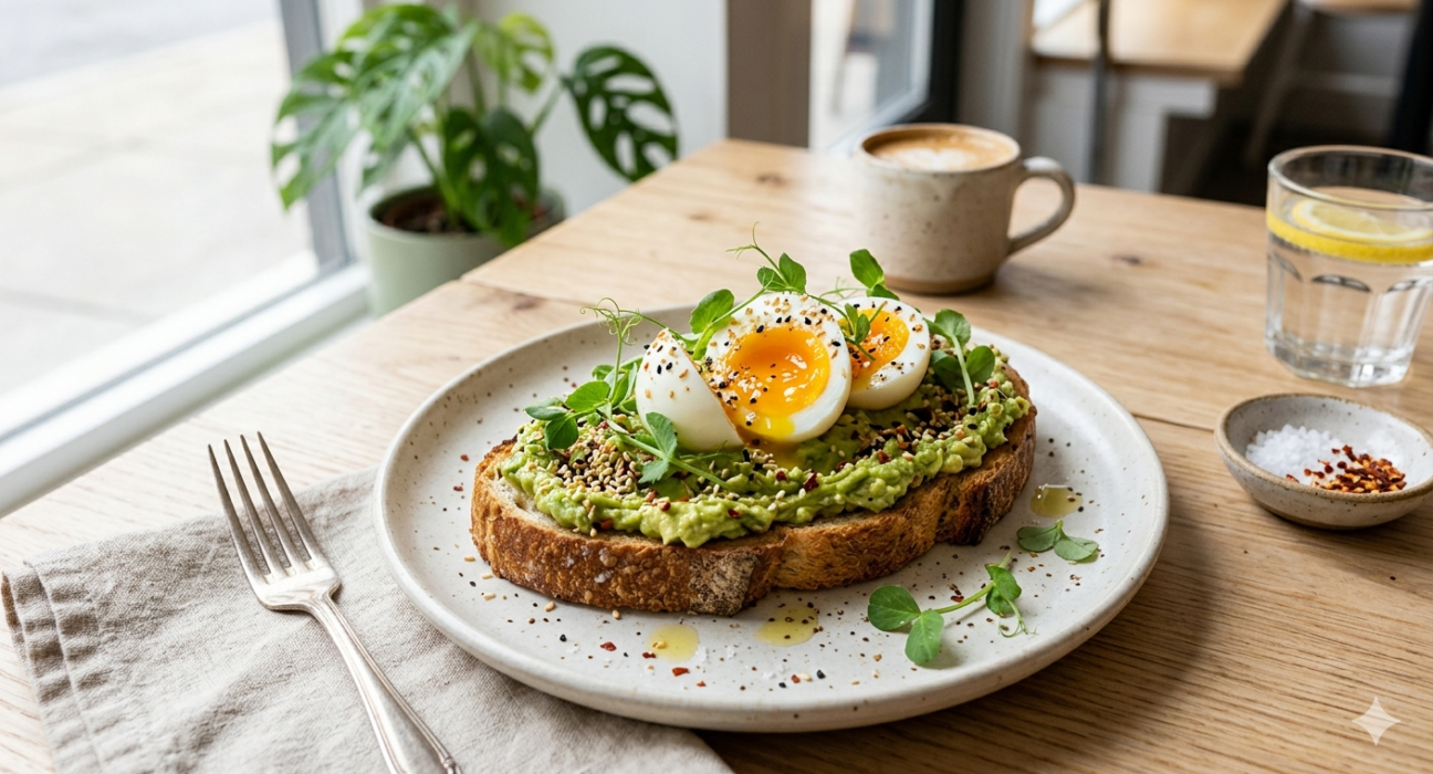 Healthy Toastul avocado toast with eggs, seeds, and fresh herbs on sourdough bread