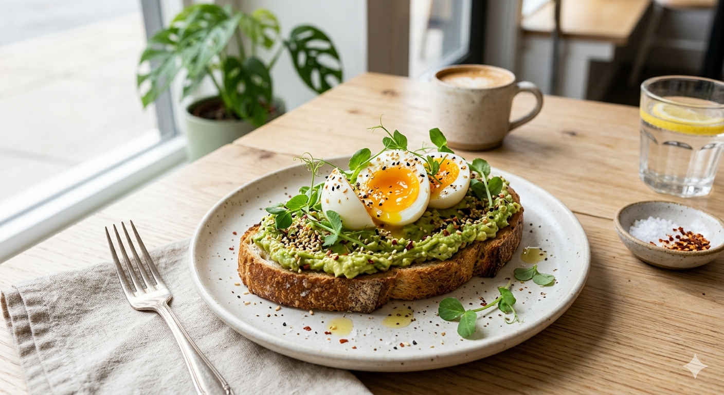 Healthy Toastul avocado toast with eggs, seeds, and fresh herbs on sourdough bread