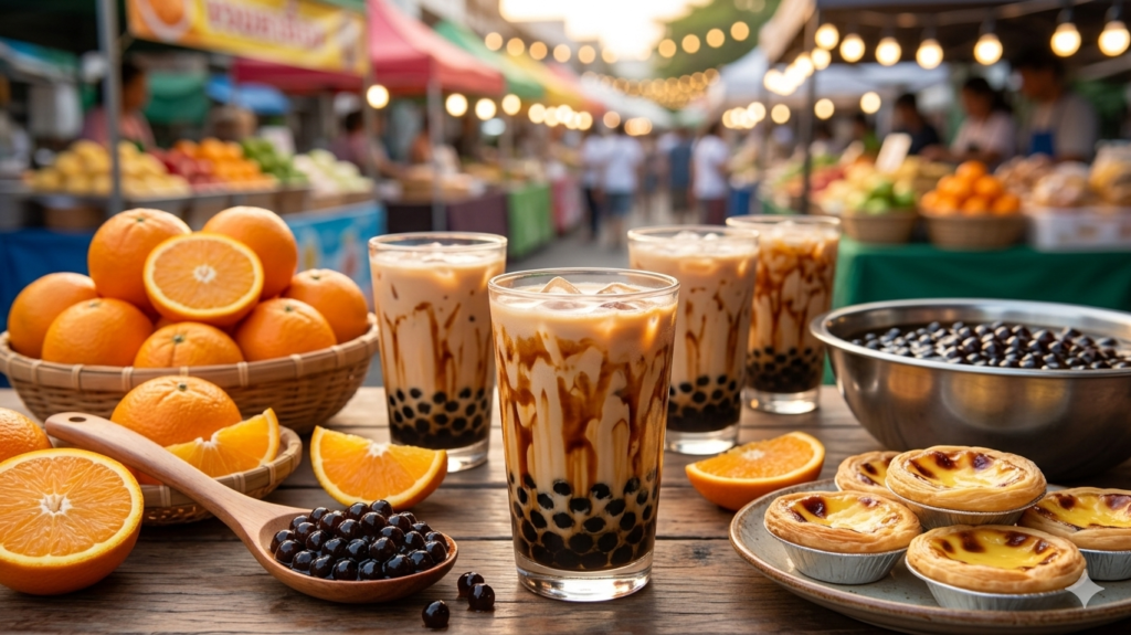 Close-up of creamy Babeltee bubble tea with chewy pearls and ice cubes in a modern cafe setting