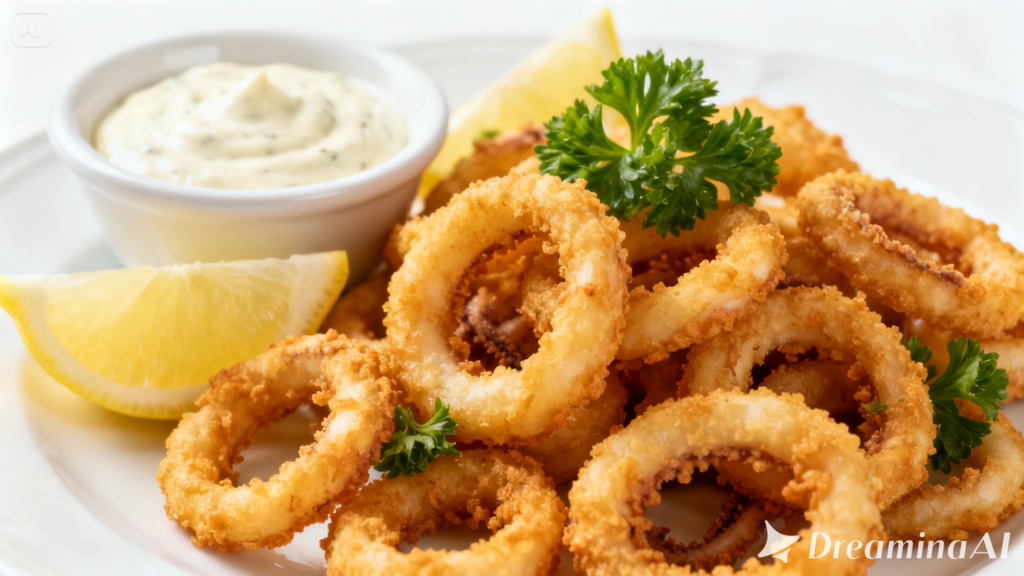 Mediterranean calamariere seafood preparation with fresh squid, olive oil, herbs, and lemon in rustic kitchen