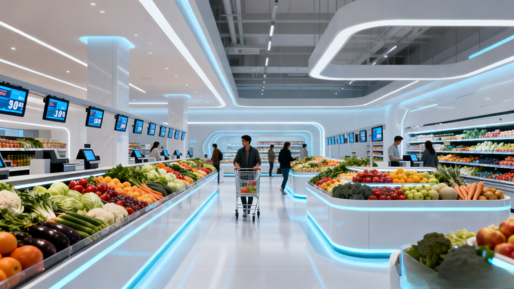 Customer using digital checkout system in a high-tech Supermaked grocery store