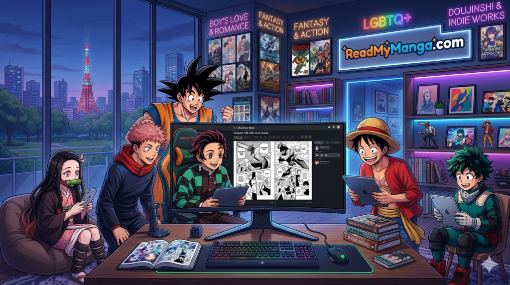 ReadMyManga com manga collection featuring fantasy, romance, BL, and action manga genres
