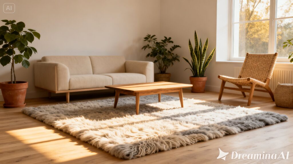 Decorative Wollmatten wool mat in a rustic bedroom with warm wooden furniture and cozy textures.